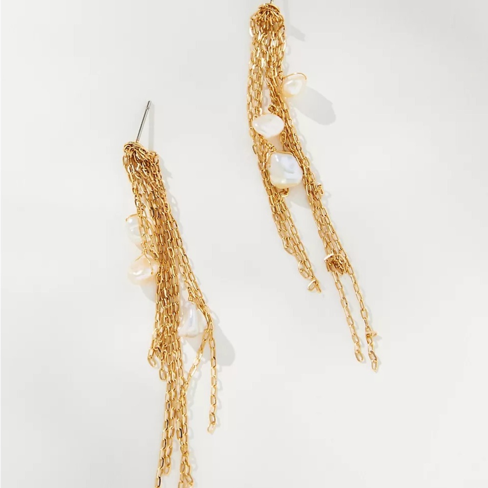 Anthropologie Pearl Fringe Dangle Earrings 14K Gold-Plated Brass Elegant 4”